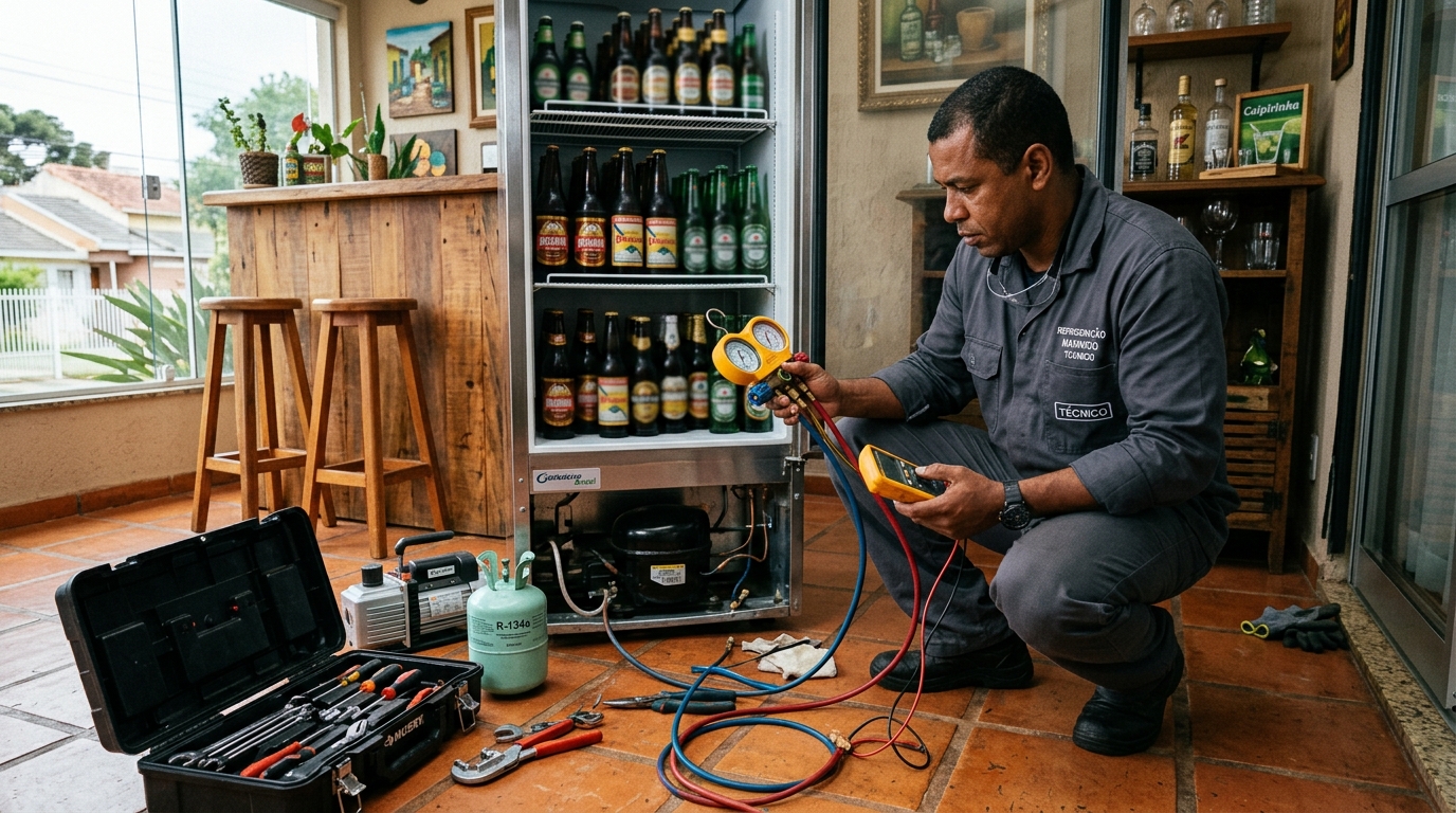 Profissional executando reparo no motor de cervejeira no Sudoeste I, Brasília‑DF