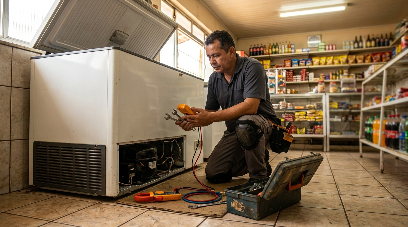 Profissional executando manutenção no motor de freezer em Brasília‑DF