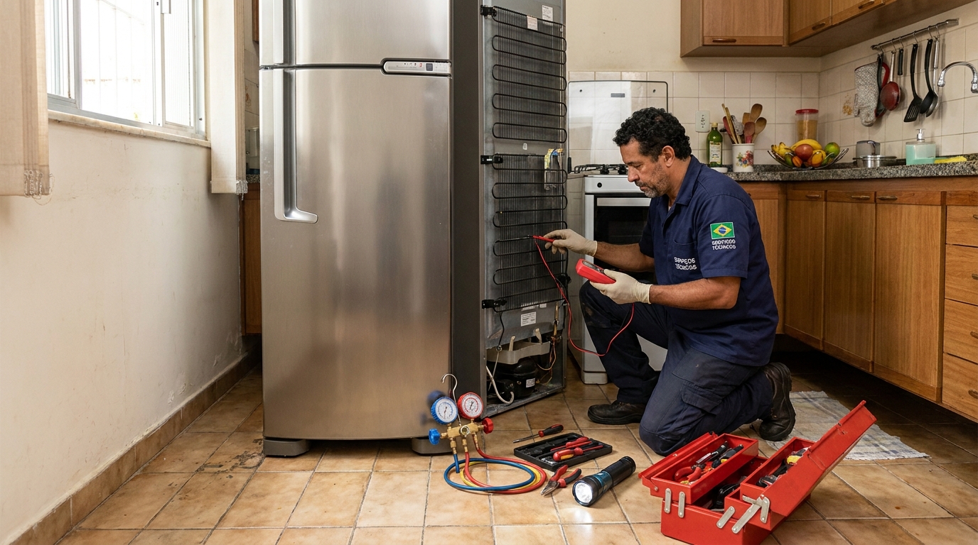 Profissional fazendo manutenção do motor de geladeira no Itapoã, Brasília‑DF