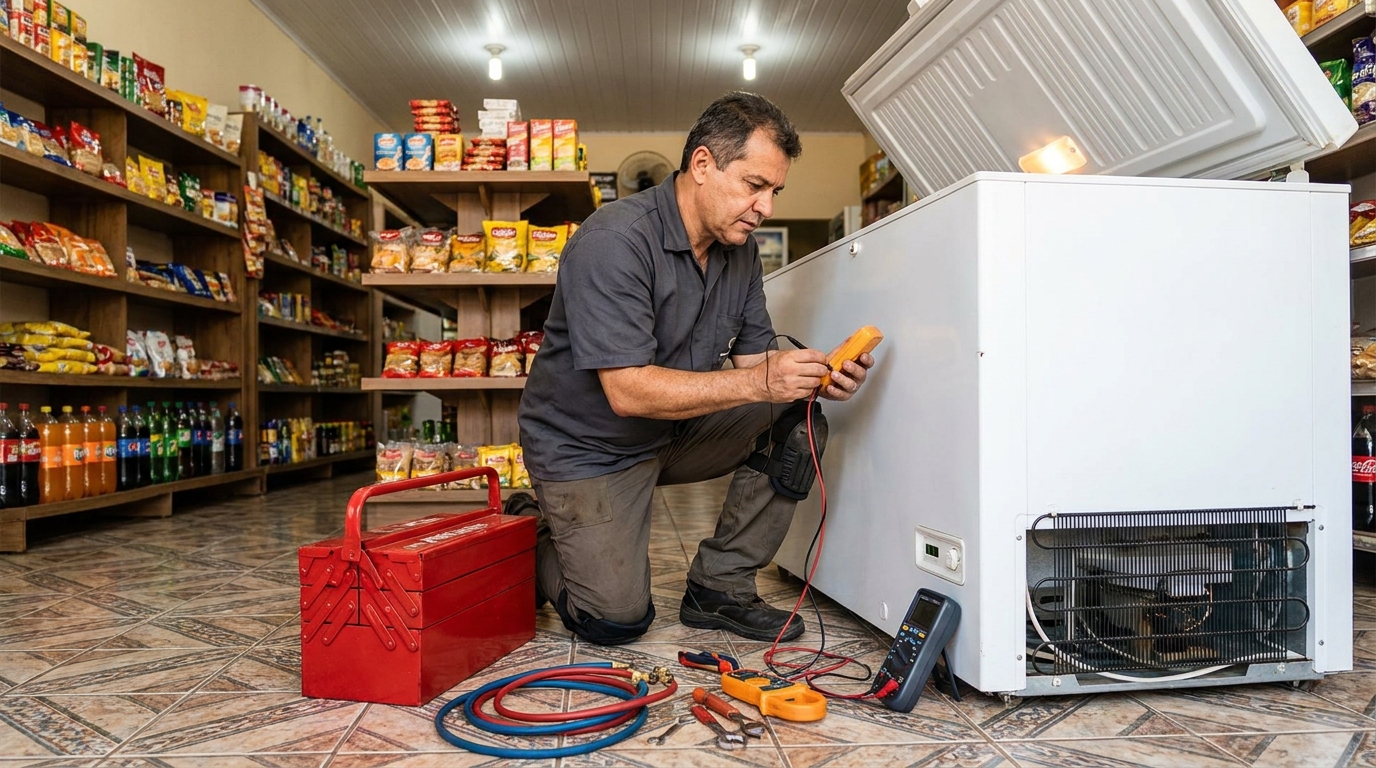 Recarga de gás refrigerante no freezer durante atendimento em Brasília‑DF