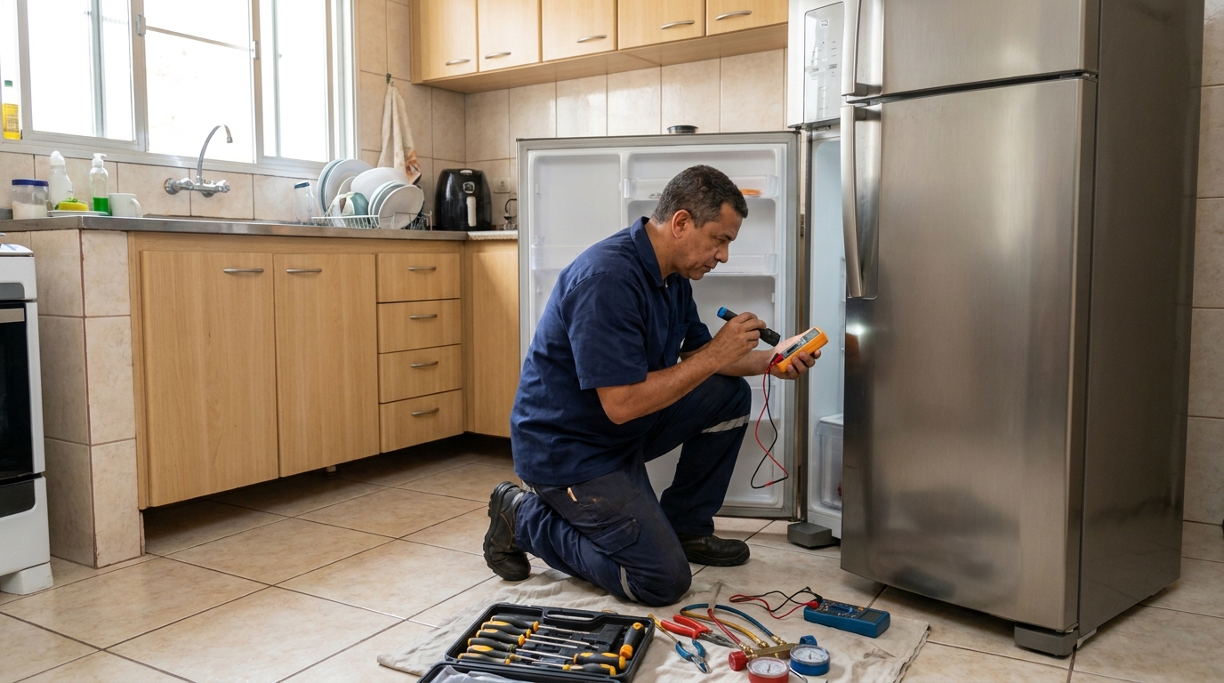 Técnico aplicando recarga de gás refrigerante em geladeira no Itapoã, Brasília‑DF
