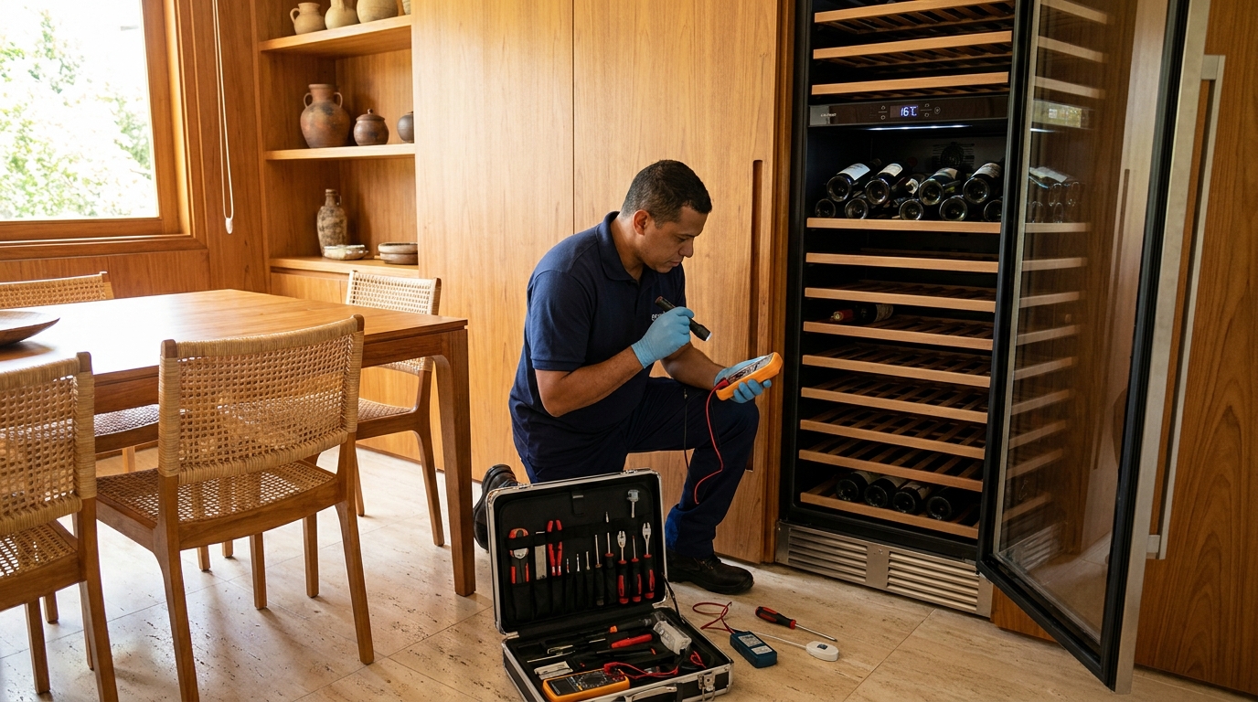 Substituição de termostato em adega climatizada em visita técnica nos Setores Complementares, Brasília‑DF
