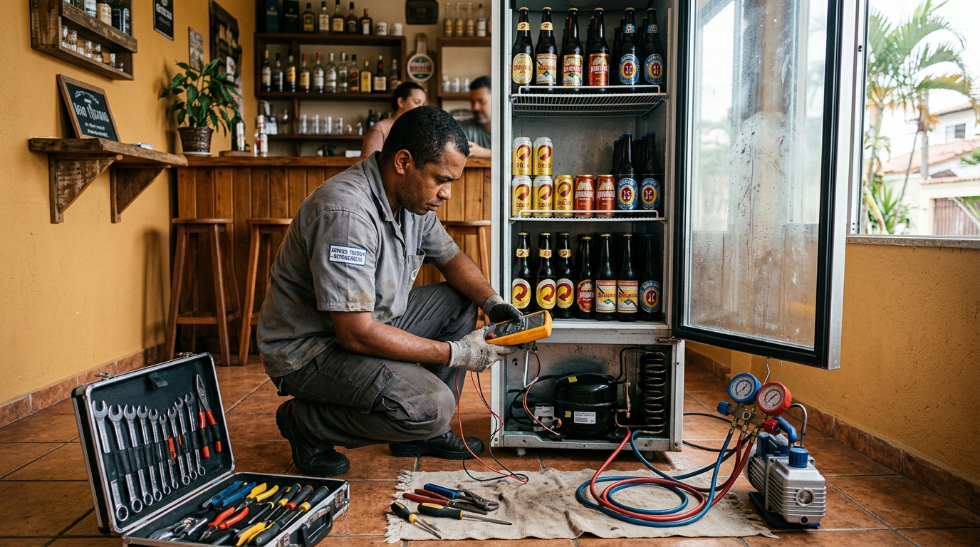 Substituição de termostato de cervejeira em serviço técnico no Sudoeste I, Brasília‑DF